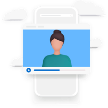 An image of a video player, with phone and clouds in background.