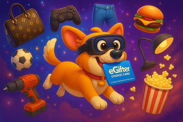 A dog wearing a VR headset carrying a gift card in his mouth, surrounded by tools, clothing, furniture, toys, and food.