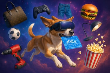 A dog wearing a VR headset carrying a gift card in his mouth, surrounded by tools, clothing, furniture, toys, and food.