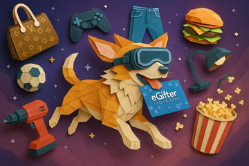 A dog wearing a VR headset carrying a gift card in his mouth, surrounded by tools, clothing, furniture, toys, and food.
