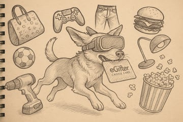 A dog wearing a VR headset carrying a gift card in his mouth, surrounded by tools, clothing, furniture, toys, and food.