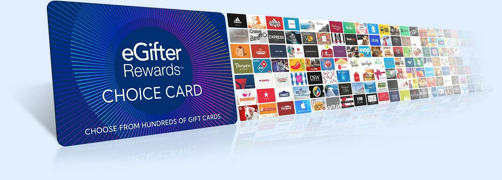 The eGifter Rewards Choice Card displayed alongside a wall of logos from hundreds of retailers.