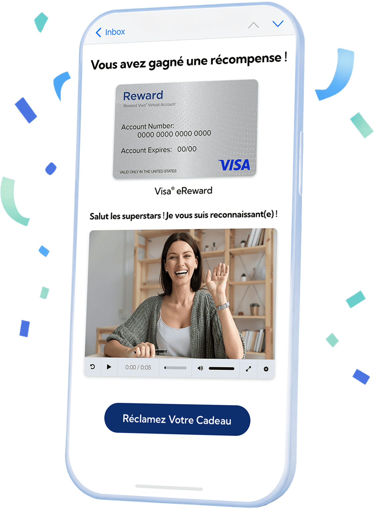 Un téléphone intelligent affichant une récompense Visa numérique personnalisée « Vous avez été reconnu! » et un message vidéo d'un destinataire heureux.