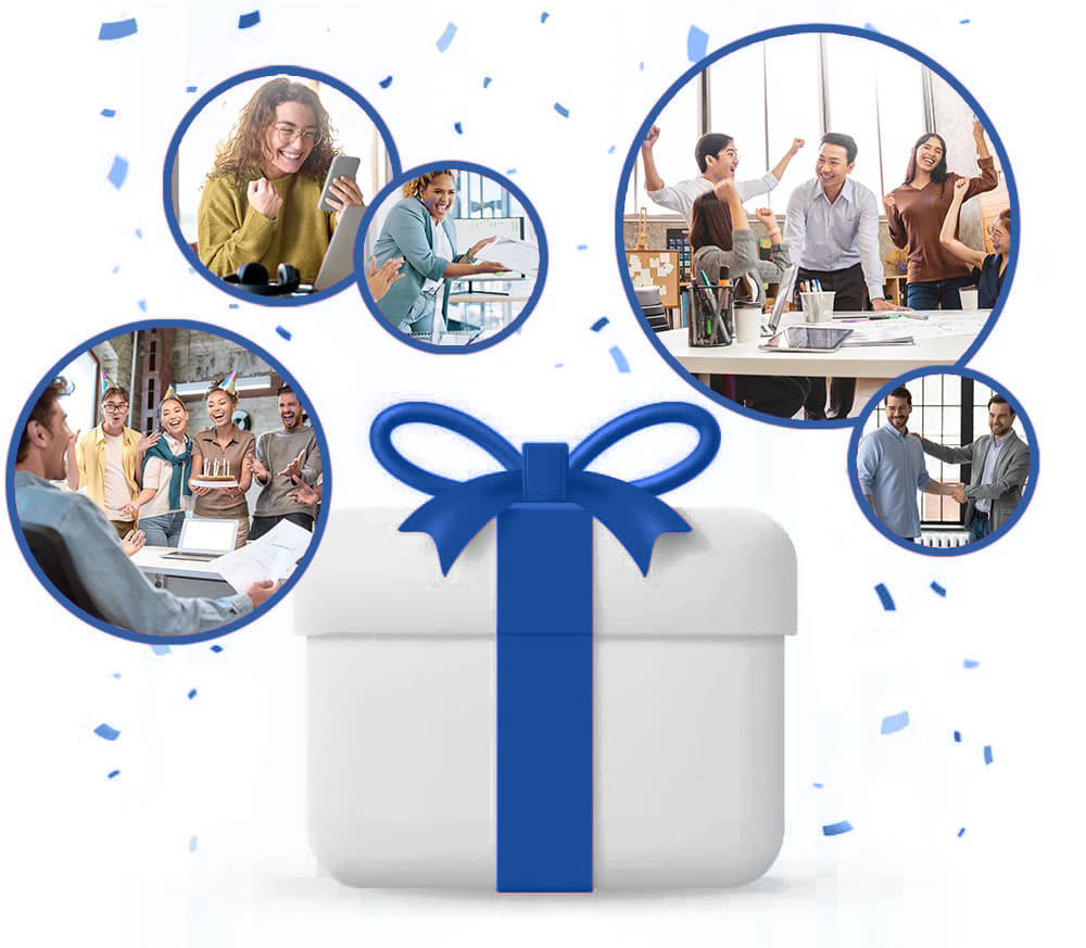A white gift box with a blue ribbon surrounded by photos of teams and colleagues celebrating together.